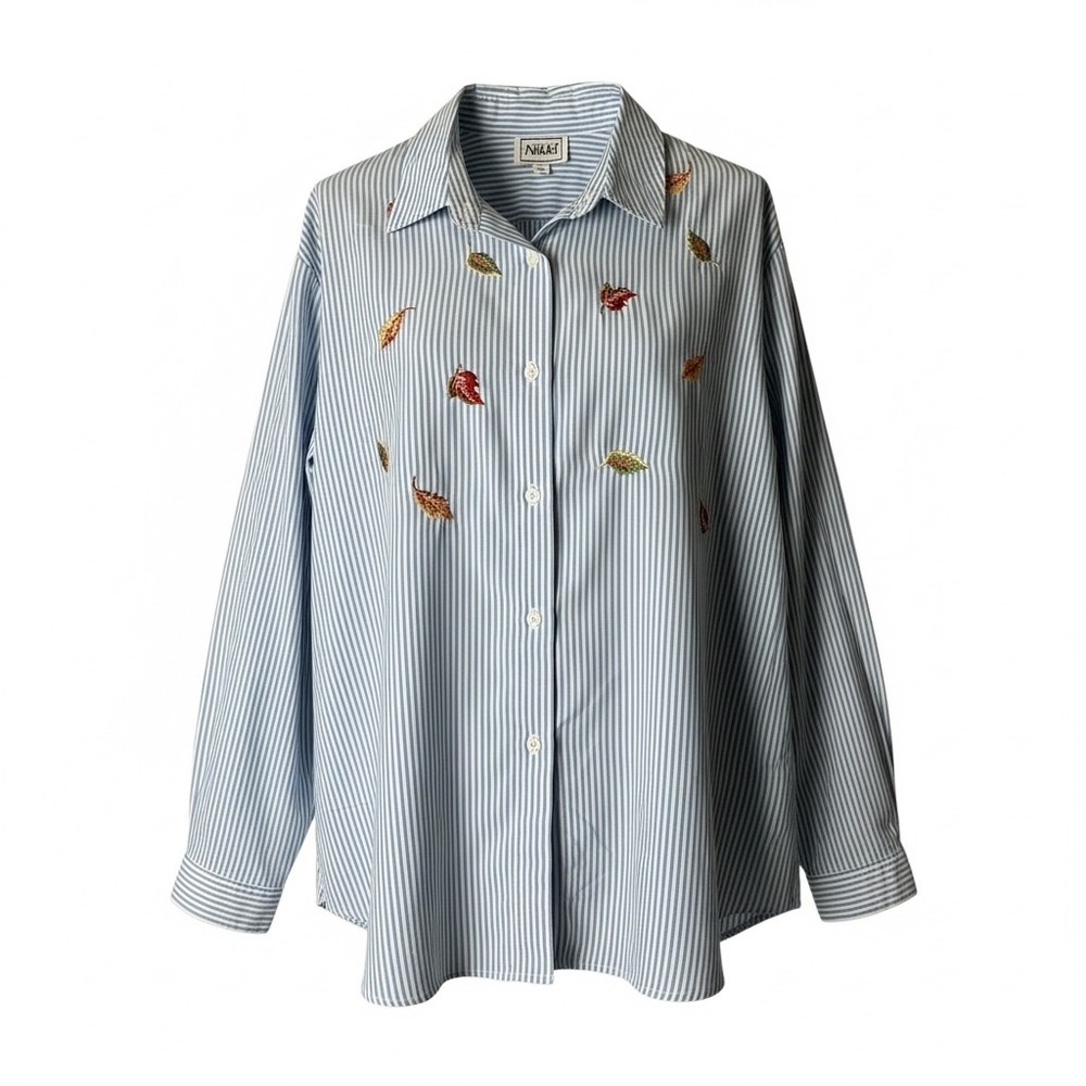 Nikki Women's Blue White Stripe Fall Leaf Embroidered Button Down‎ Shirt Size XL